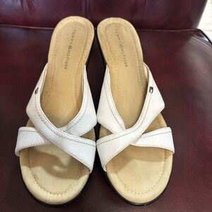 Tommy Hilfiger Women's Wedge Sandals White Leather Straps Slip On 9.5M Heel 3.5"